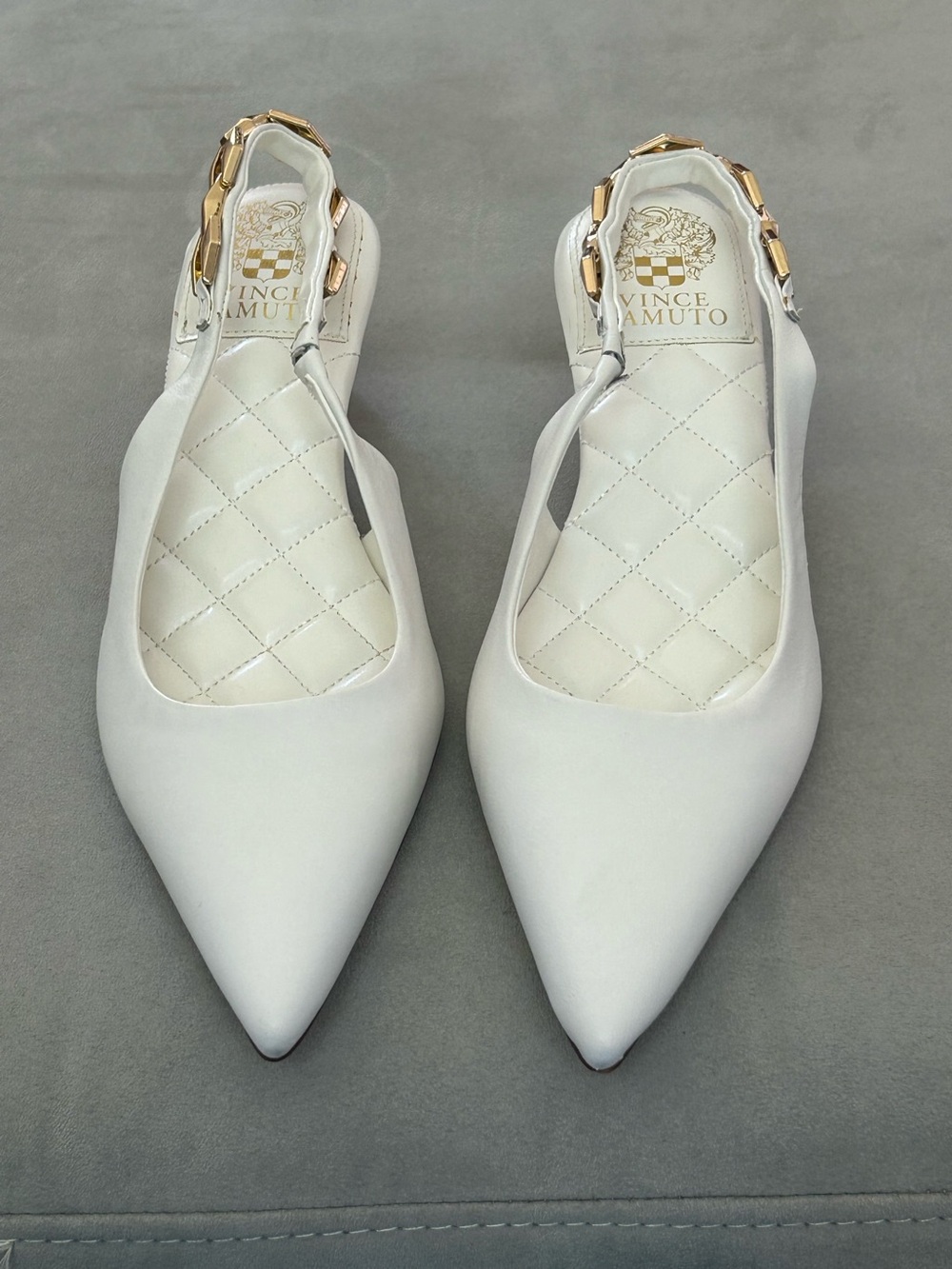 Vince Camuto Ianee White Pointed Toe Slingback Flats with Gold Chain Accent